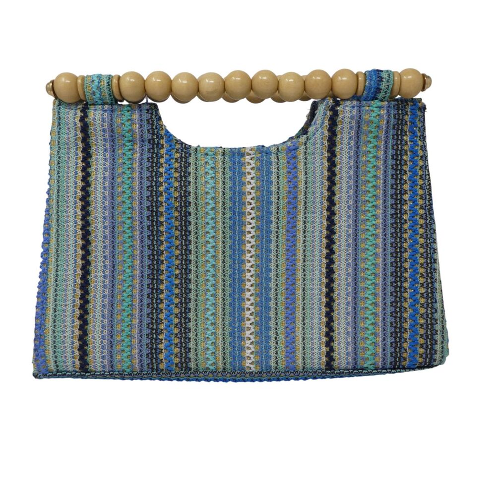 Haute Hippie Blue Striped Wood Bead Handle Clutch Handbag Purse